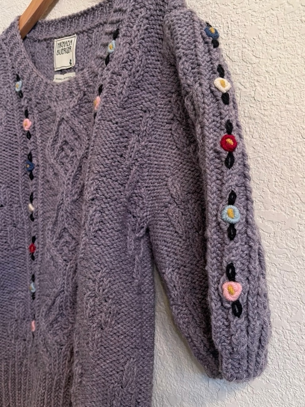 Hand-Knit Lavender Cable Sweater with Floral Embroidery by Michaela Buerger